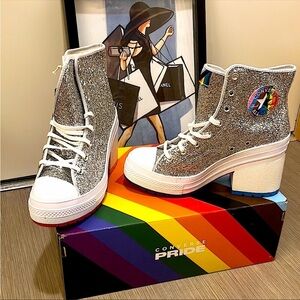 Converse Chuck 70 De Luxe Heel Pride High Top Silver Glitter Shoe size 9.5 NIB